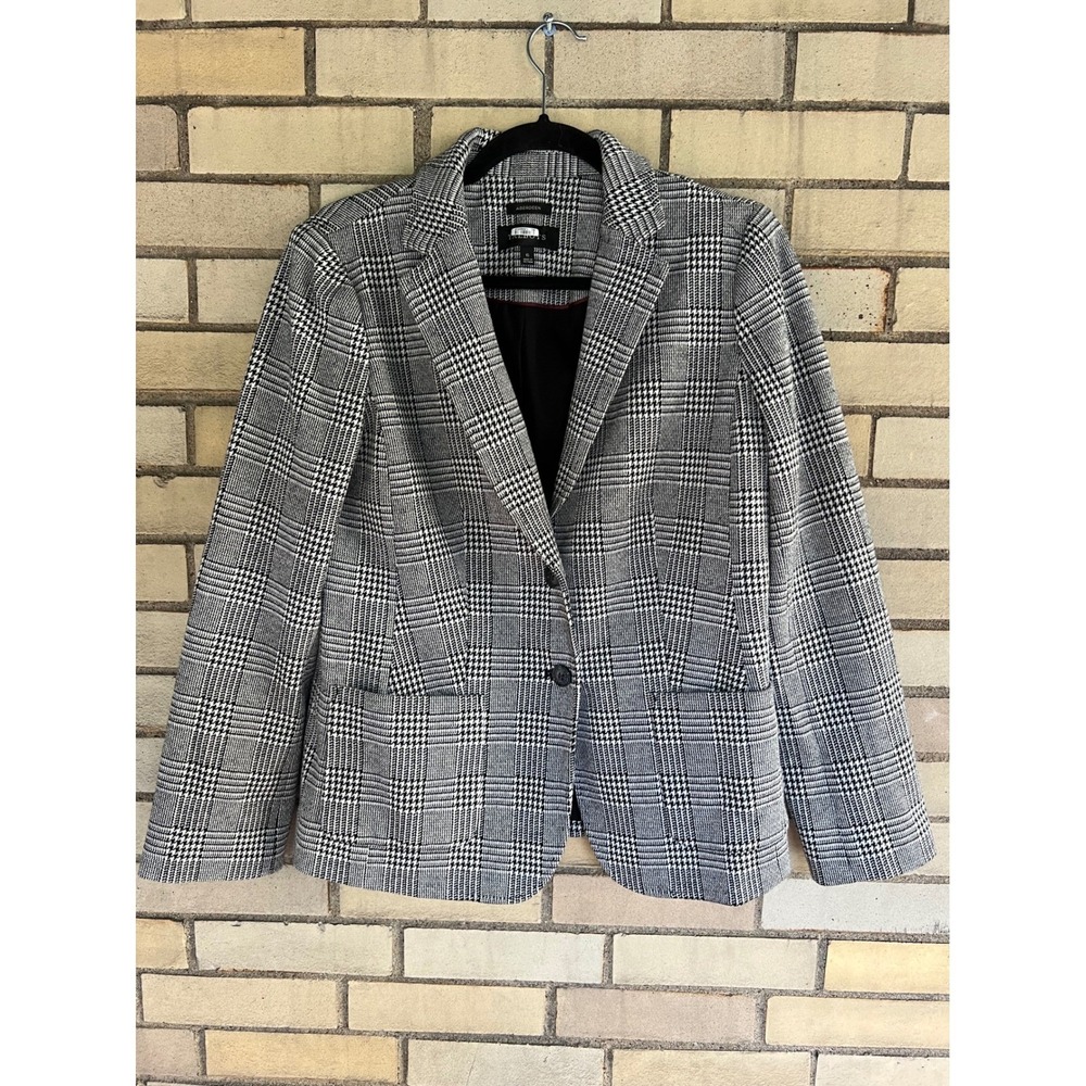 Talbots Aberdeen Glen Plaid Blazer Black White Grey Size 6 Cotton Blend Stretch
